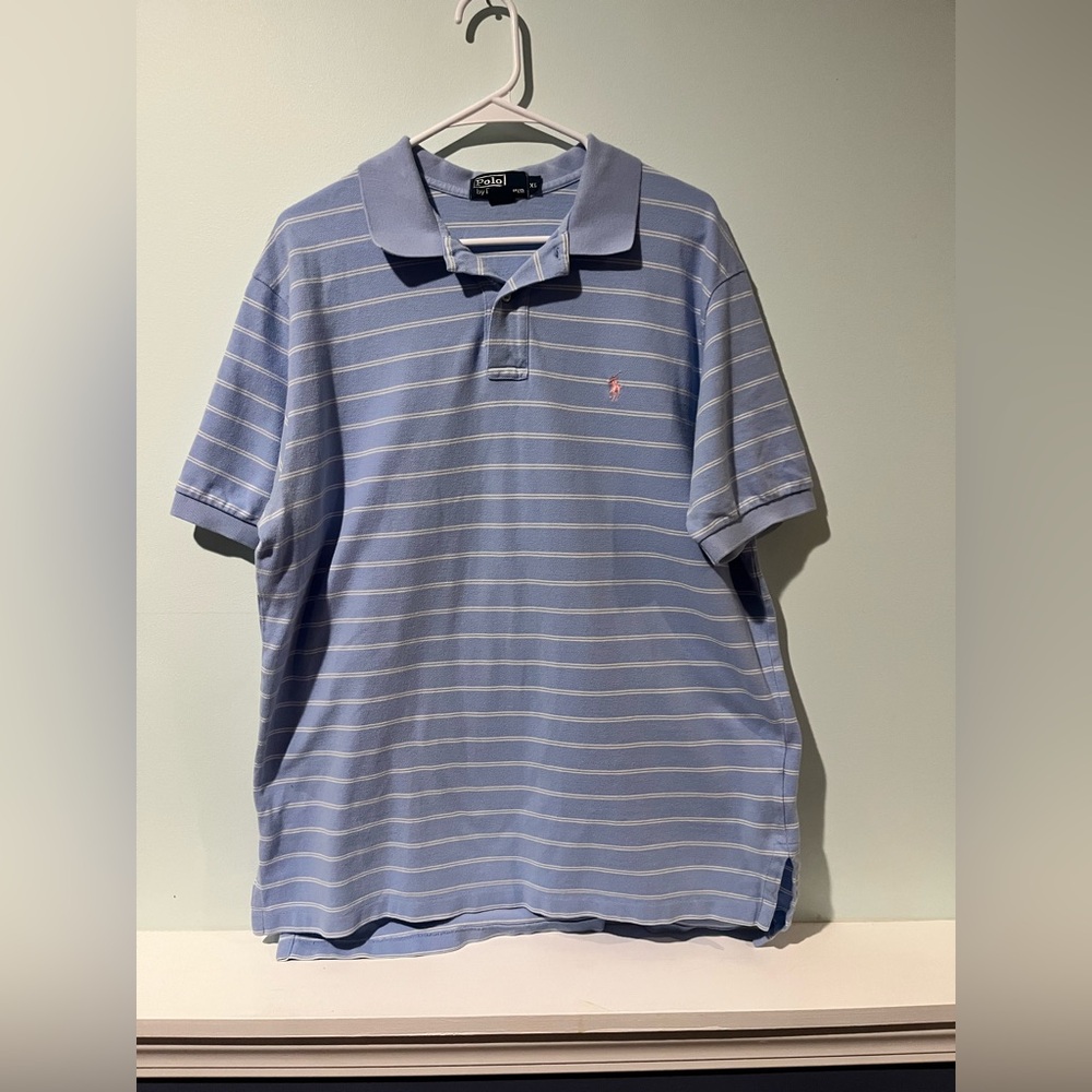 Polo Ralph Lauren Men’s Baby Blue Pink White Striped Logo Preppy Polo, Size XL